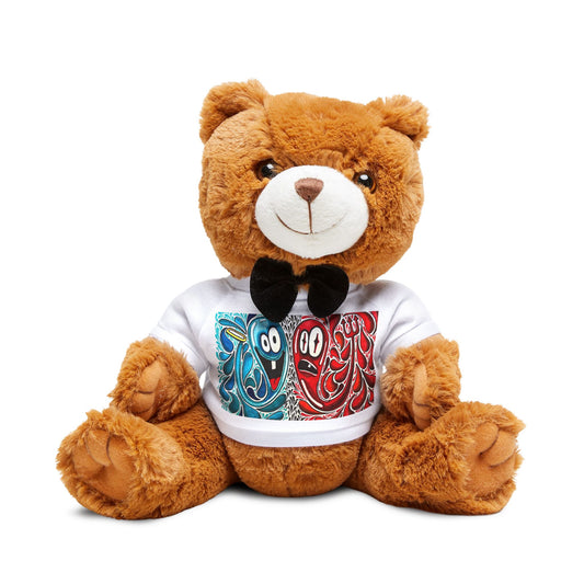 Plush Teddy Bear with Printed T‑Shirt — Cute Bow Tie Stuffed Animal Gift