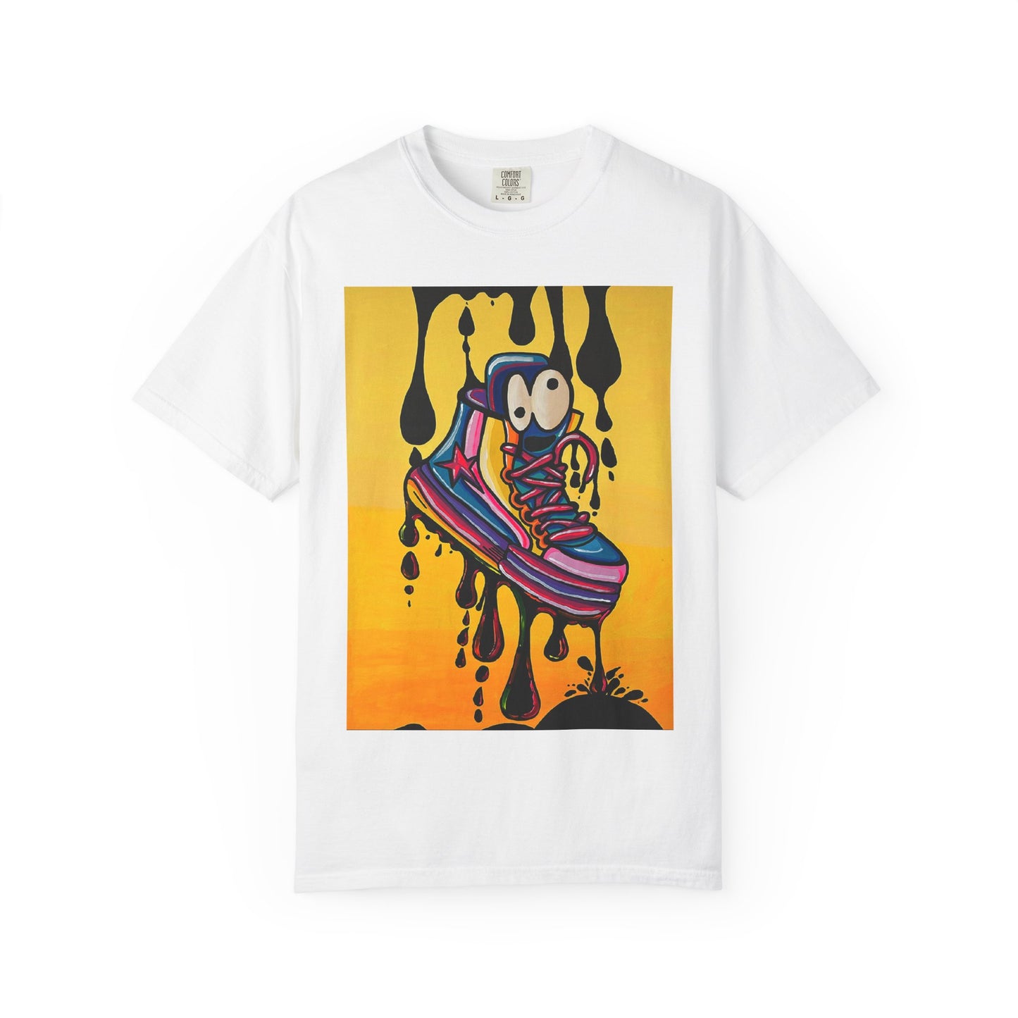 Sneaker Drip Graphic T-Shirt — Colorful Melting Shoe Art Tee