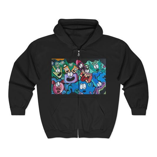 Cartoon Characters Collage Zip Hoodie - Colorful Playful Faces Graphic Sweatshirt