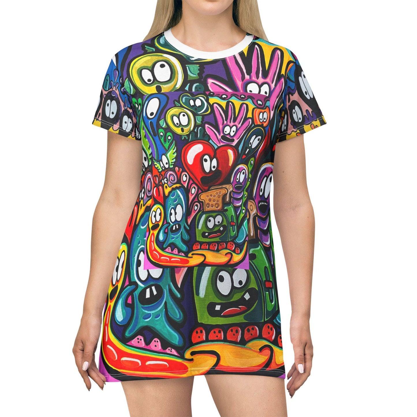 Colorful Cartoon T-Shirt Dress - Fun Summer Dress, Cute Casual Outfit, Statement Dress, Gift for Kids, Playful Fashion