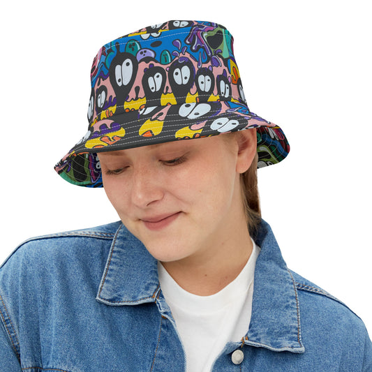 Colorful Cartoon Faces Bucket Hat — Funky All-Over Print Sun Hat