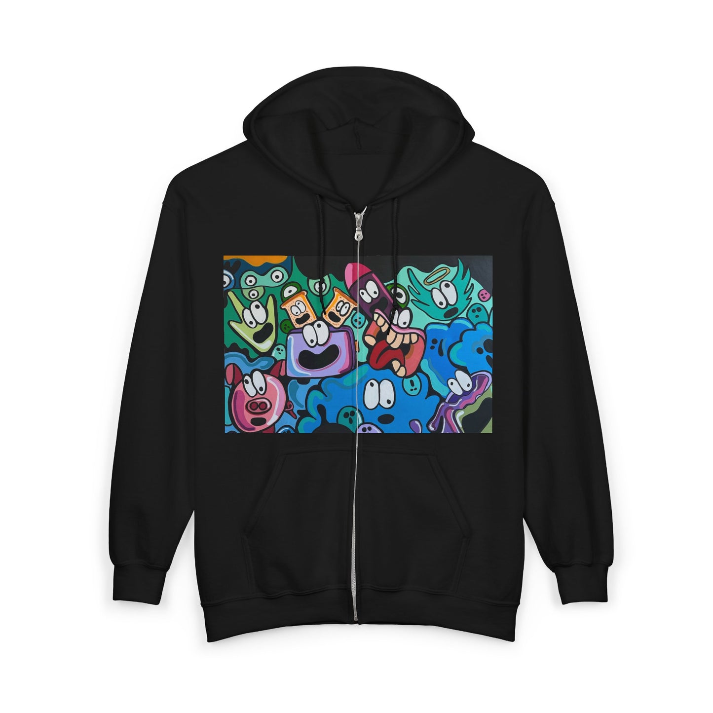 Cartoon Characters Collage Zip Hoodie - Colorful Playful Faces Graphic Sweatshirt