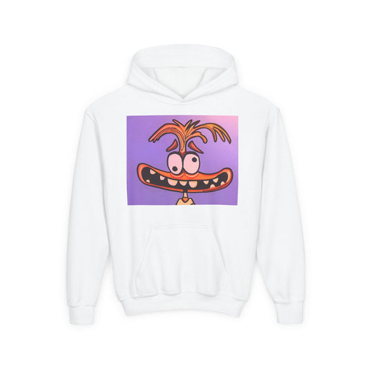 Youth Cartoon Character Hoodie – Funny Wide-Grin Face Graphic Pullover