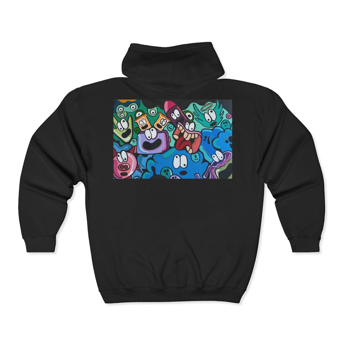 Cartoon Characters Collage Zip Hoodie - Colorful Playful Faces Graphic Sweatshirt