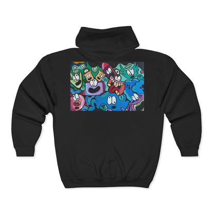 Cartoon Characters Collage Zip Hoodie - Colorful Playful Faces Graphic Sweatshirt