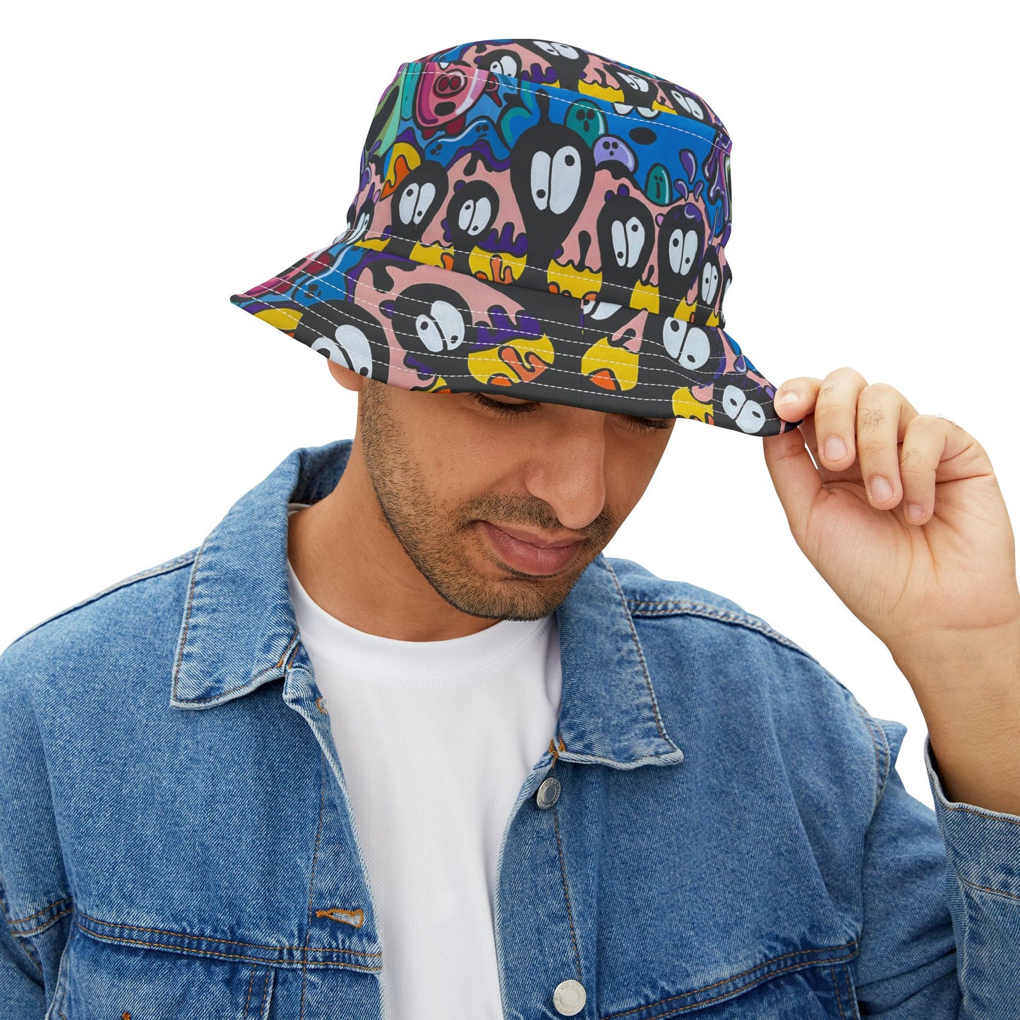 Colorful Cartoon Faces Bucket Hat — Funky All-Over Print Sun Hat