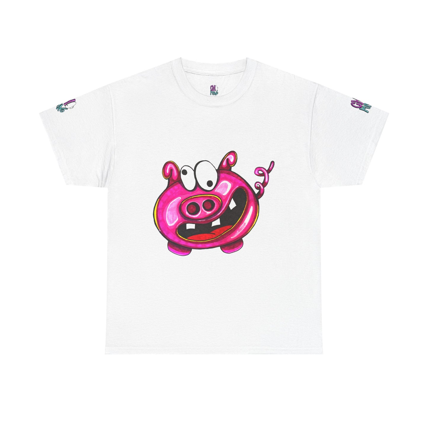 White T-shirt with a pink cartoon pig face featuring large eyes, a wide open mouth, and a curly tail in the center.