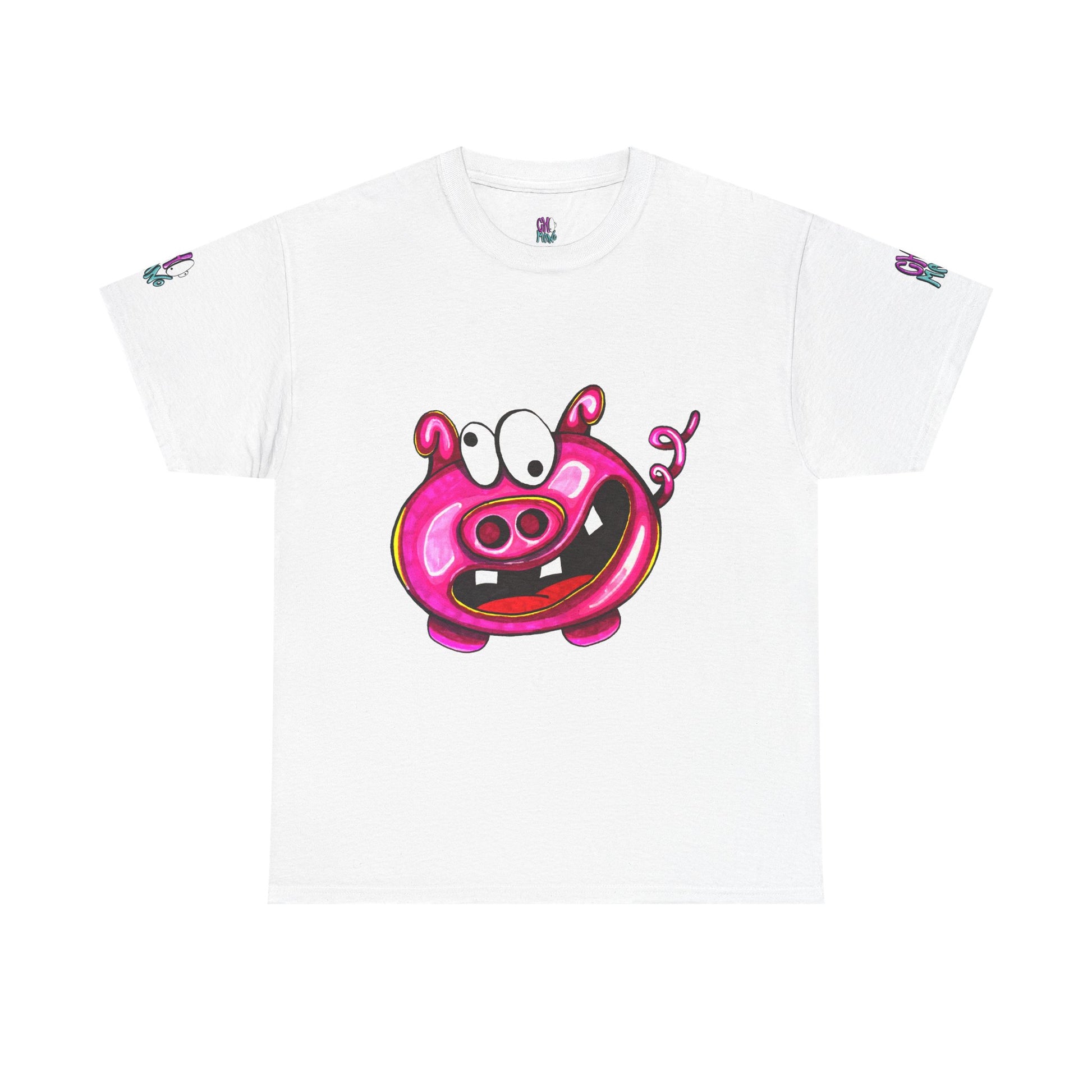White T-shirt with a pink cartoon pig face featuring large eyes, a wide open mouth, and a curly tail in the center.