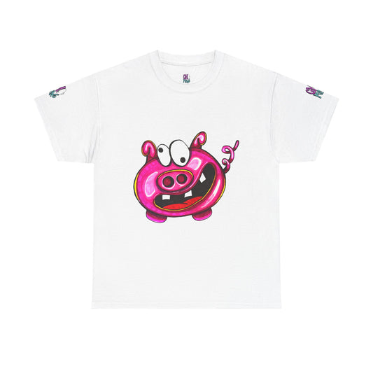 White T-shirt with a pink cartoon pig face featuring large eyes, a wide open mouth, and a curly tail in the center.