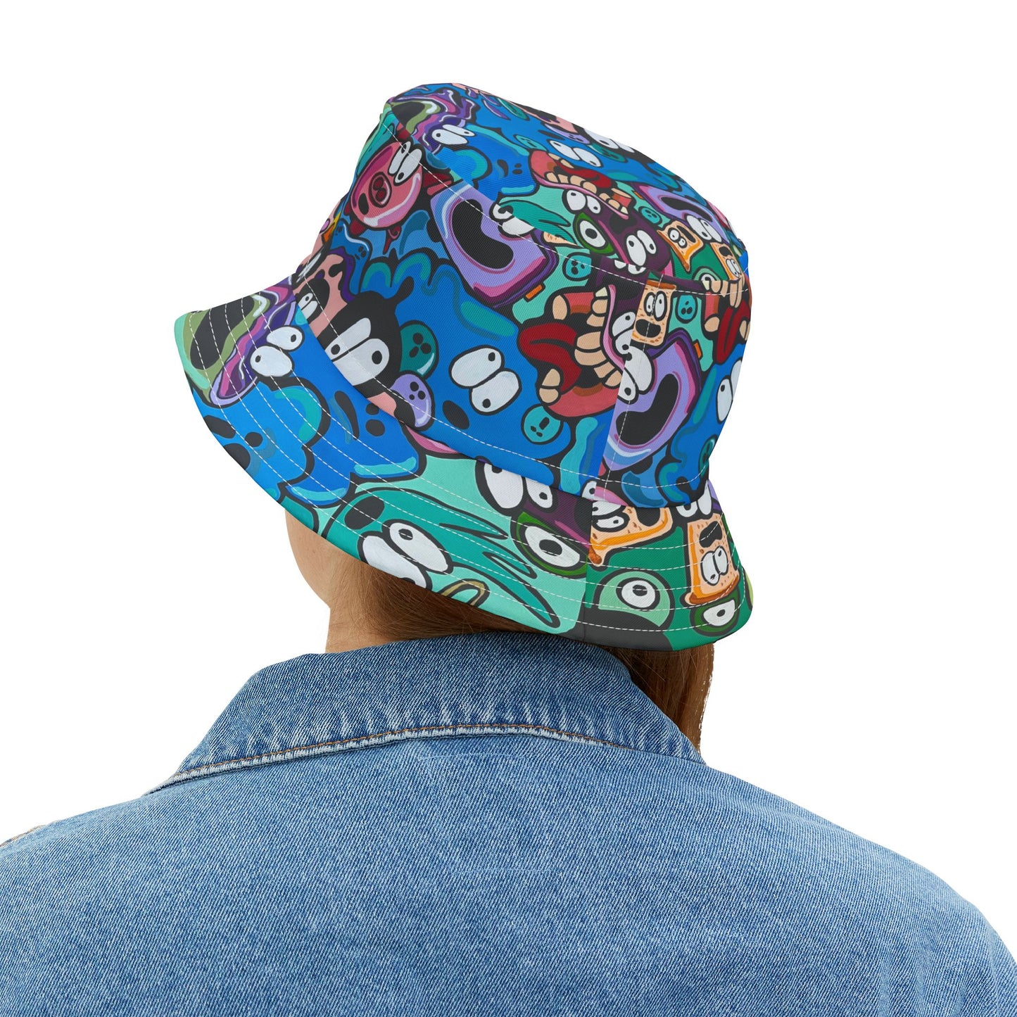 Colorful Cartoon Faces Bucket Hat — Funky All-Over Print Sun Hat