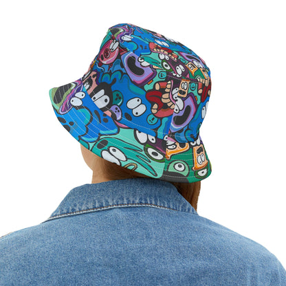 Colorful Cartoon Faces Bucket Hat — Funky All-Over Print Sun Hat