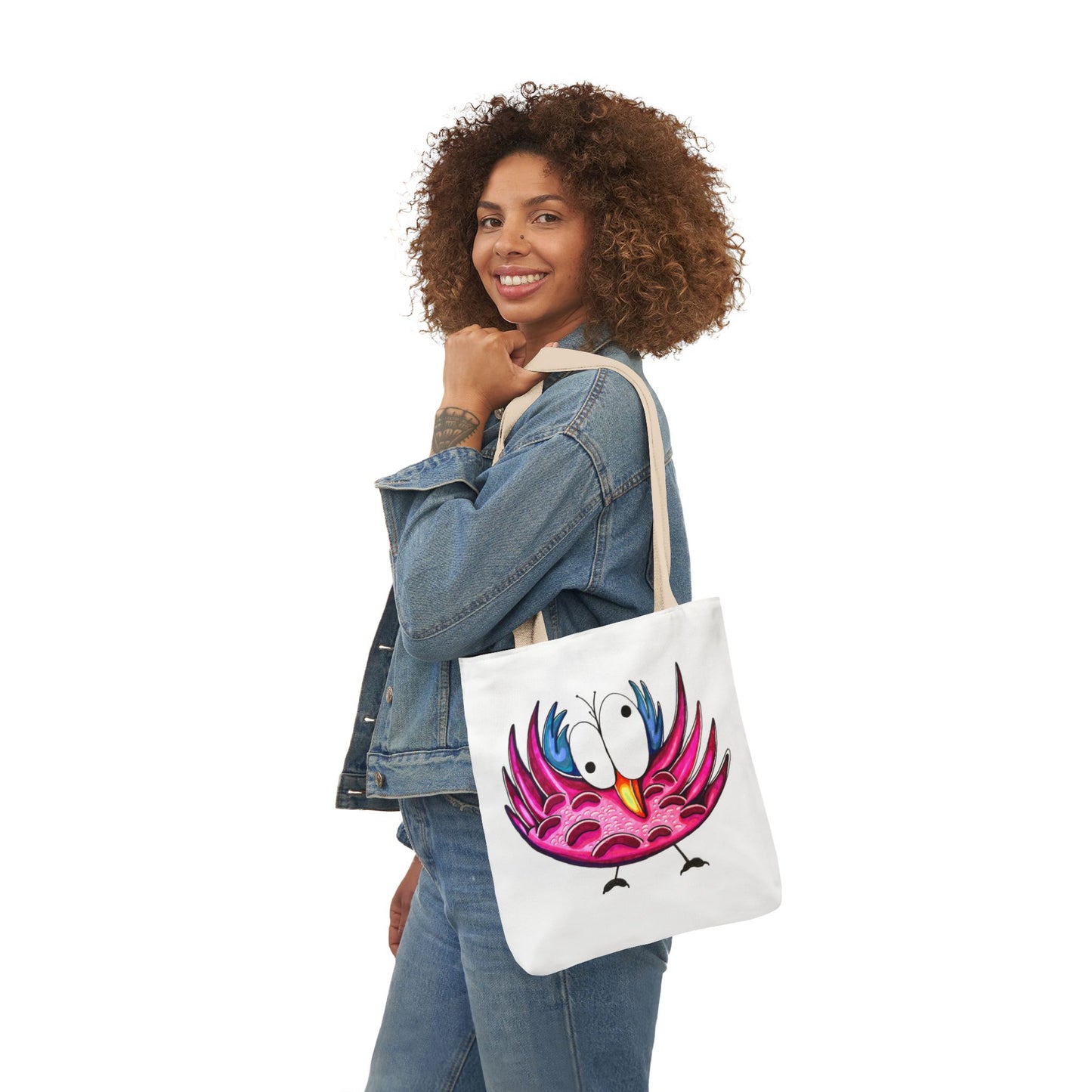 Canvas Tote Bag with Whimsical Pink Bird Design