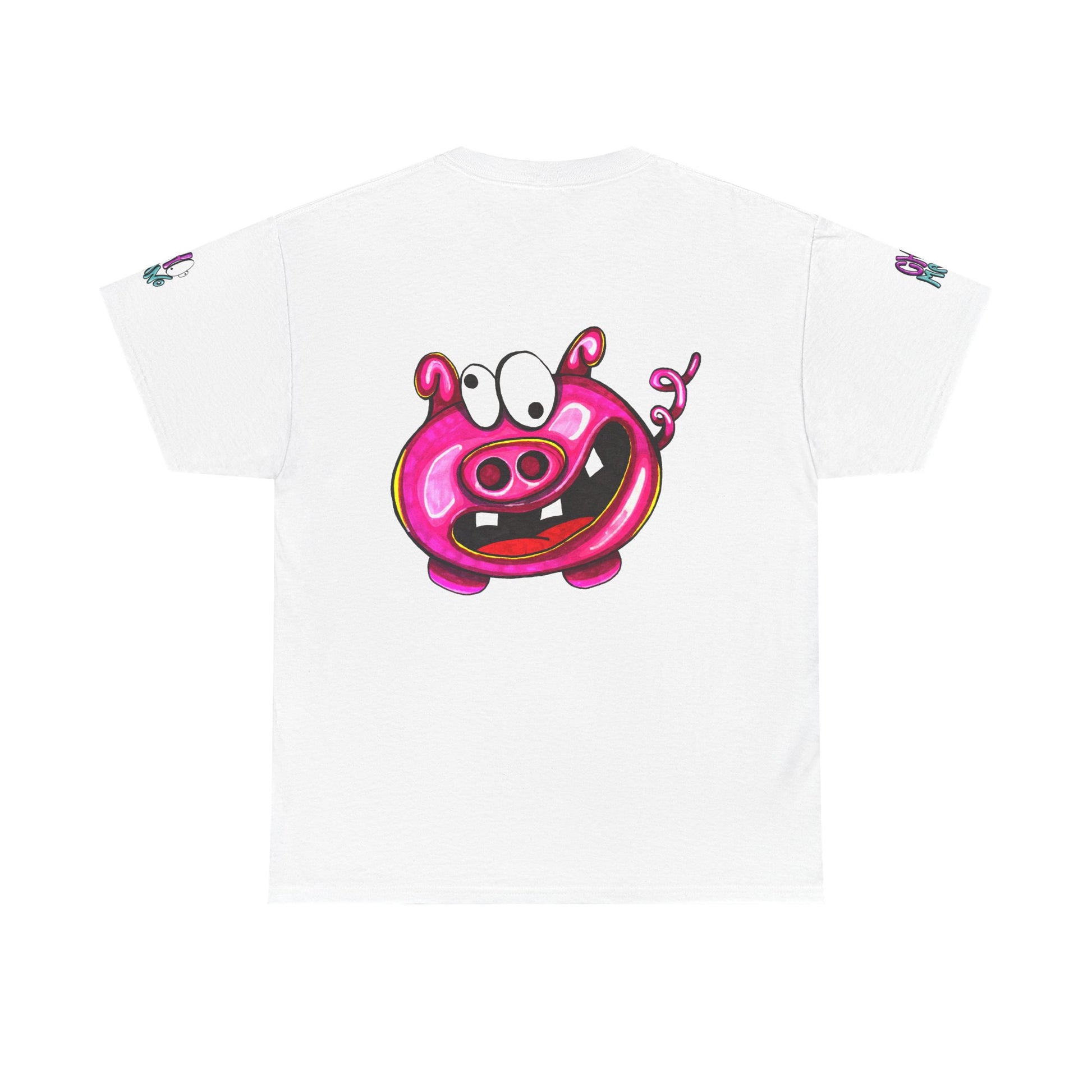 White T-shirt with a large cartoonish pink pig with wide eyes and a curly tail on the back.