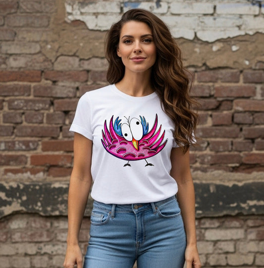 Pink Cartoon Bird T-Shirt — Cute Funny Feathered Character Tee