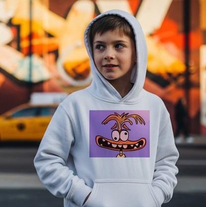 Youth Cartoon Character Hoodie – Funny Wide-Grin Face Graphic Pullover