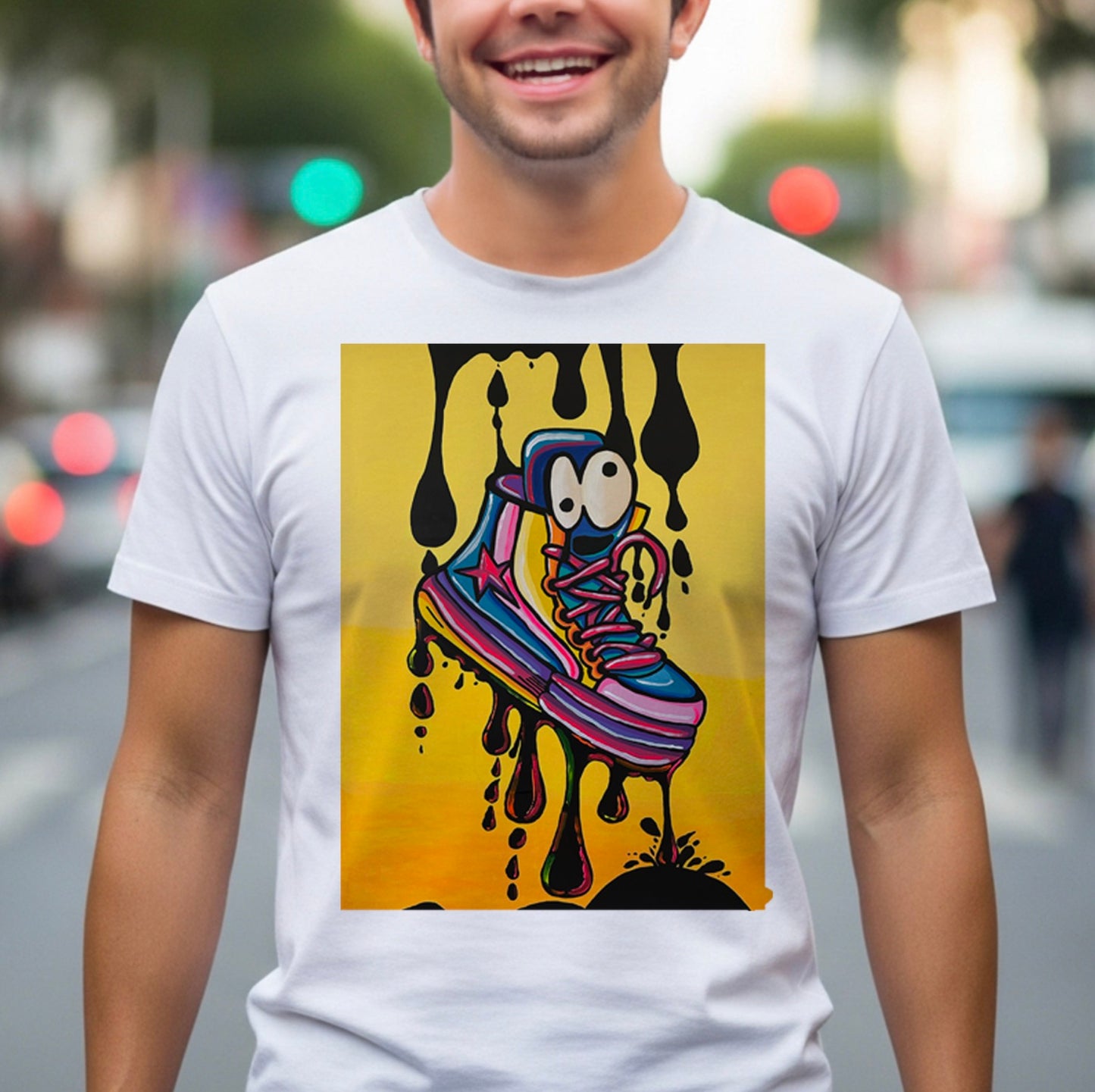 Sneaker Drip Graphic T-Shirt — Colorful Melting Shoe Art Tee