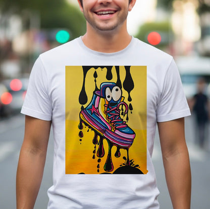 Sneaker Drip Graphic T-Shirt — Colorful Melting Shoe Art Tee