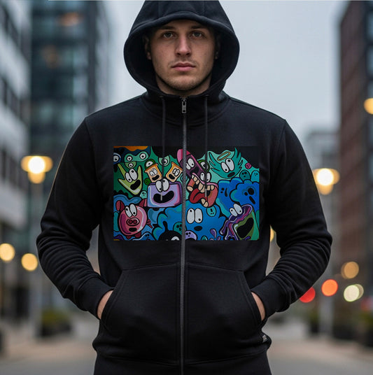 Cartoon Characters Collage Zip Hoodie - Colorful Playful Faces Graphic Sweatshirt