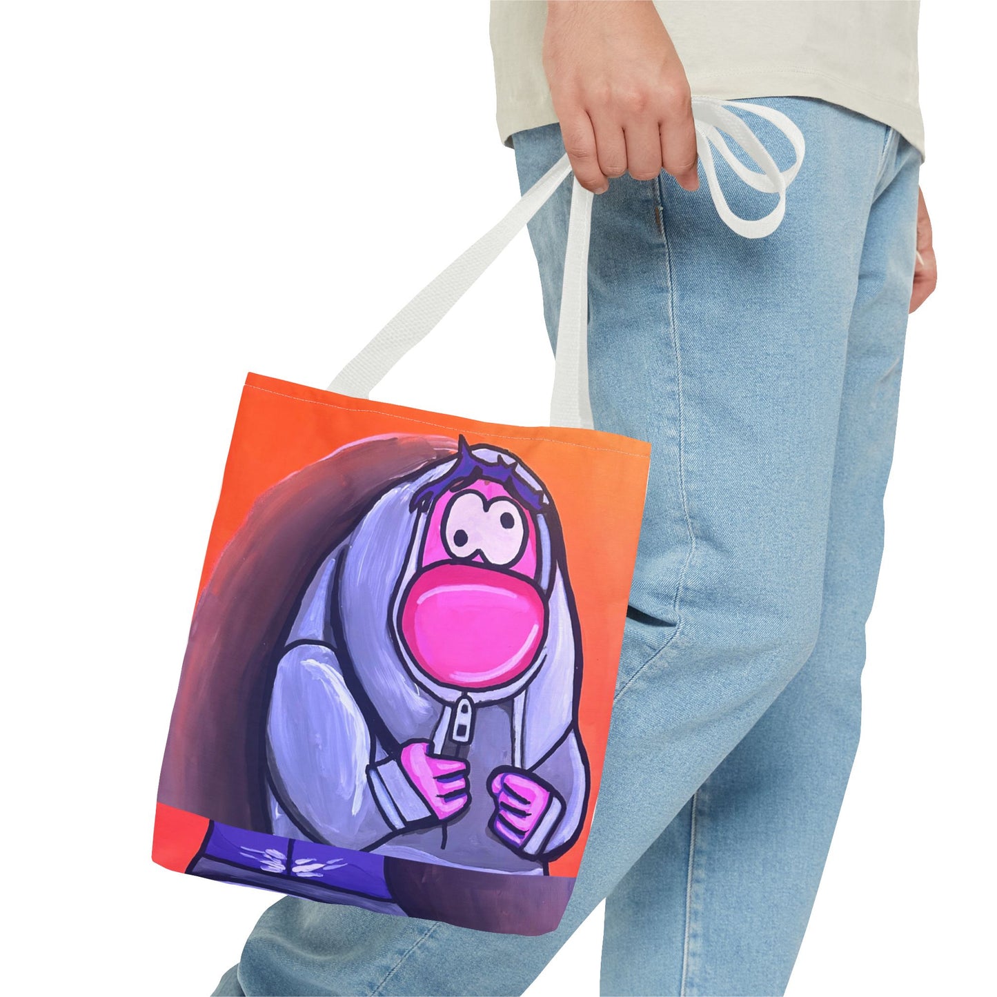 Cute Pink Character Hoodie Tote Bag — Fun Cartoon All-Over Print Tote