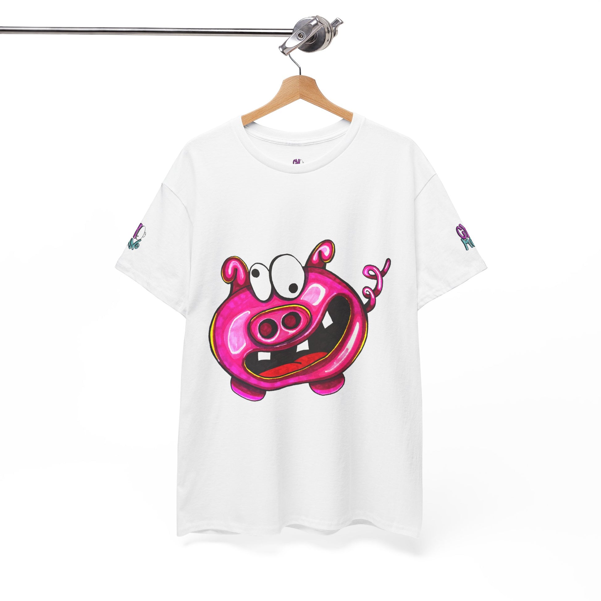 White t-shirt with a cartoon pink pig face featuring large eyes, a wide open mouth, and a curly tail on the front.
