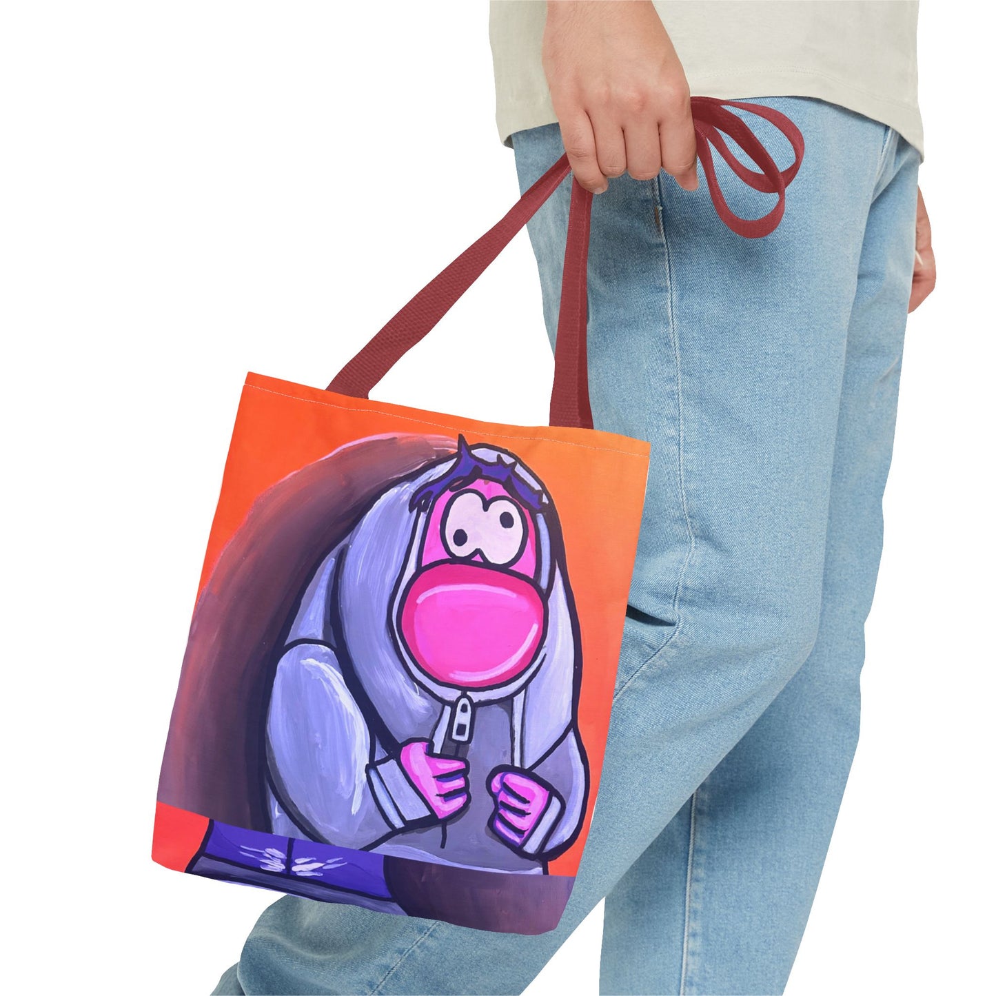 Cute Pink Character Hoodie Tote Bag — Fun Cartoon All-Over Print Tote