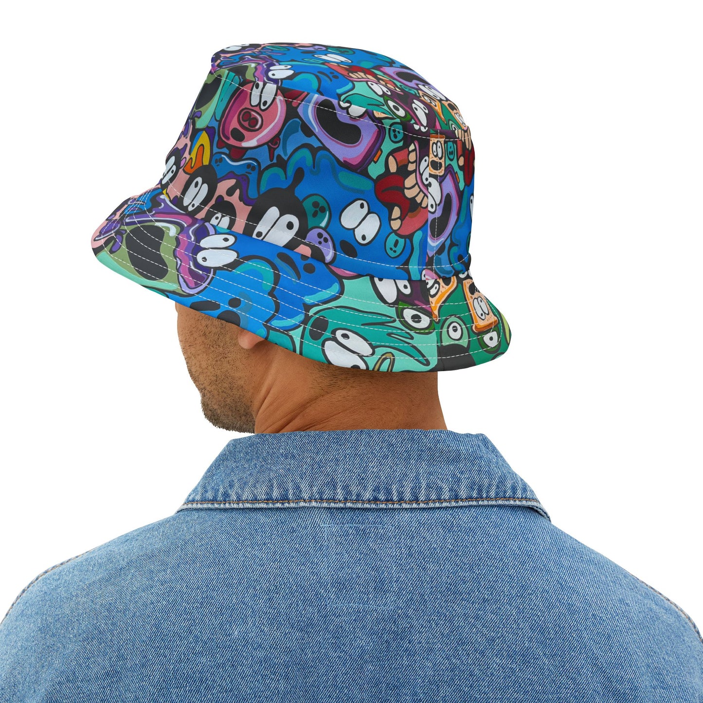 Colorful Cartoon Faces Bucket Hat — Funky All-Over Print Sun Hat