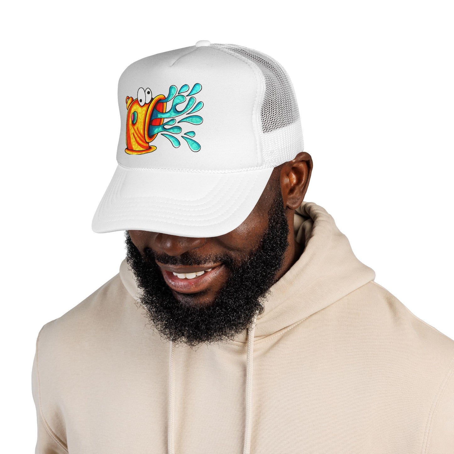 Funny Fish Spray Trucker Cap - Playful Summer Hat for Aquatic Lovers