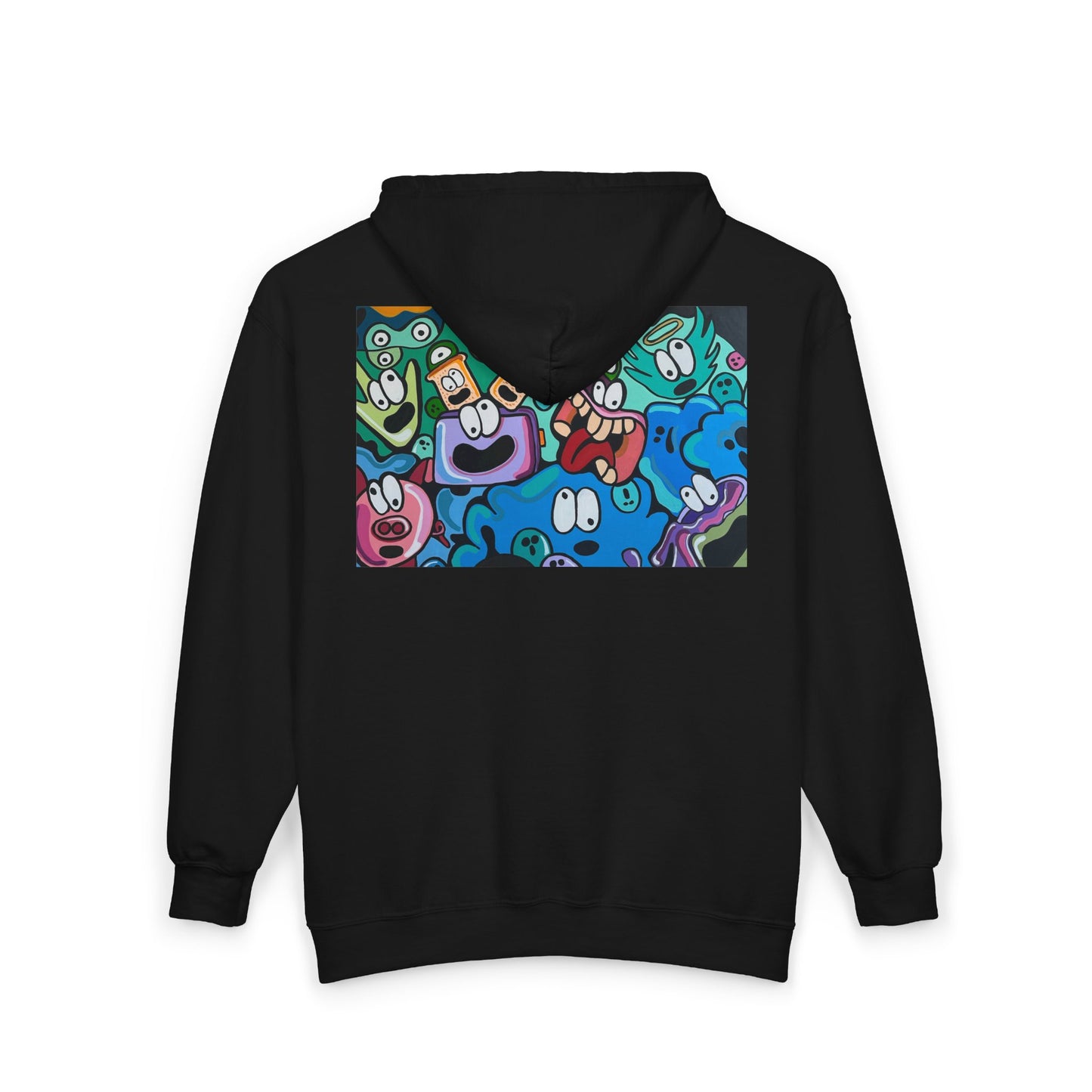 Cartoon Characters Collage Zip Hoodie - Colorful Playful Faces Graphic Sweatshirt