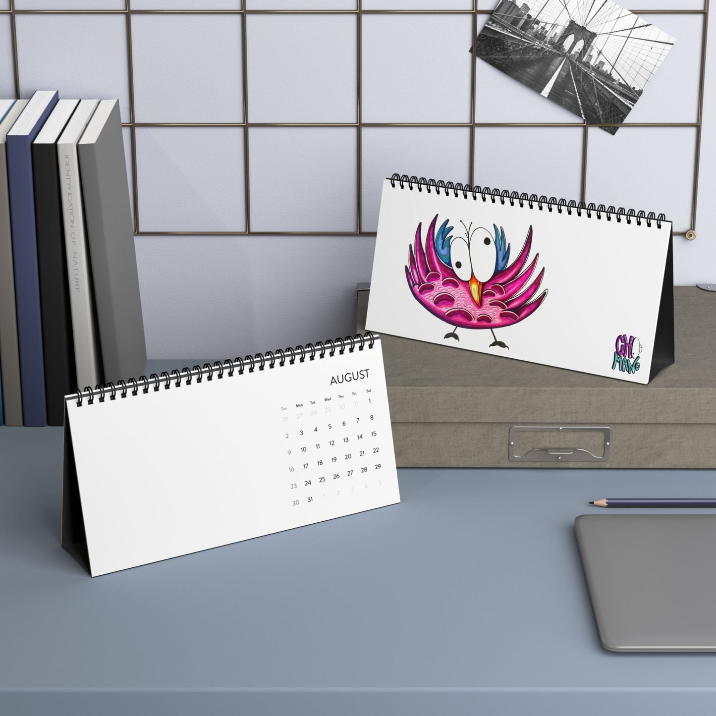 2026 Cute Pink Bird Desktop Calendar — Spiral Grid Planner for Desk