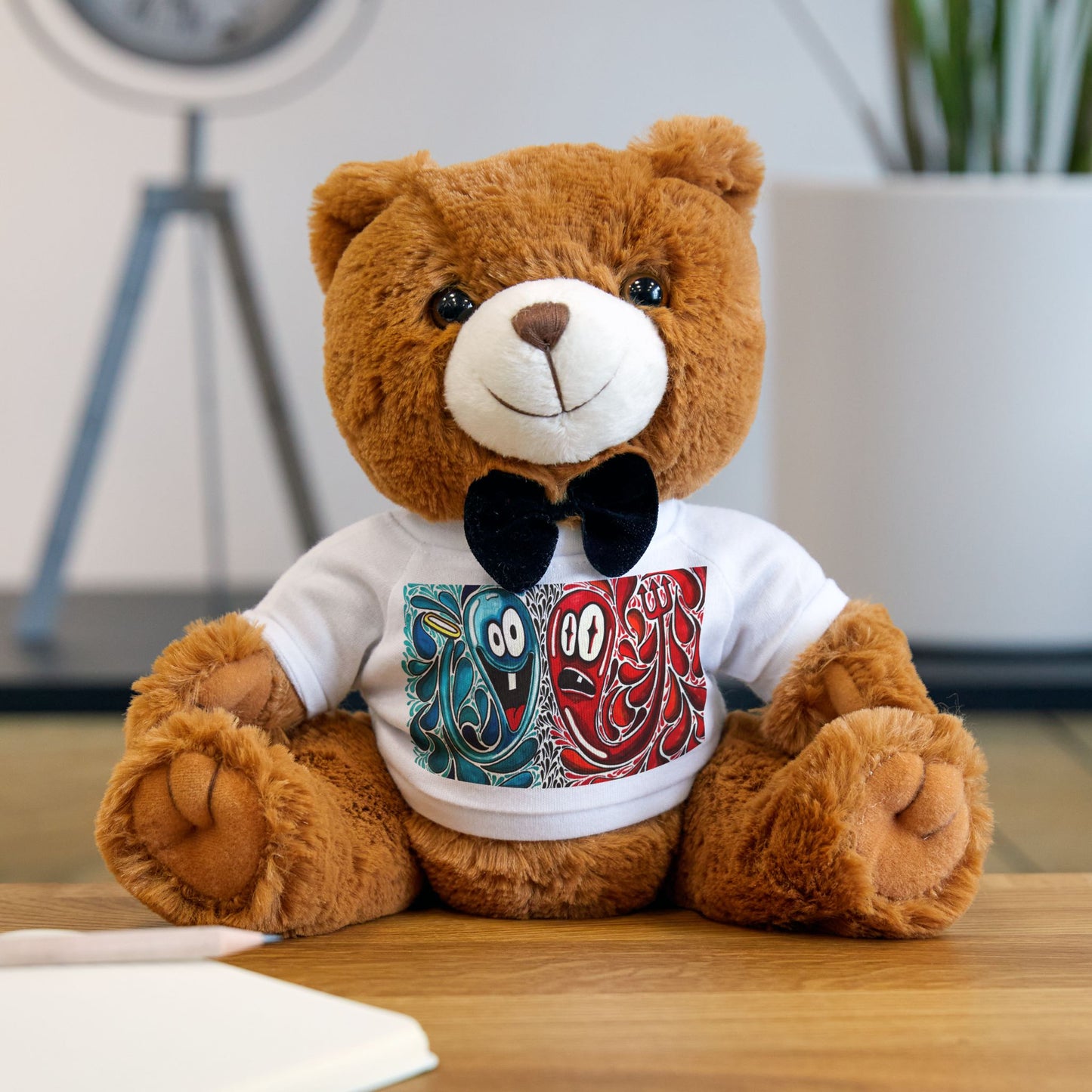 Plush Teddy Bear with Printed T‑Shirt — Cute Bow Tie Stuffed Animal Gift