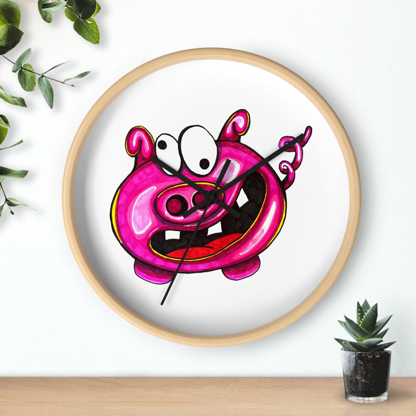Pink Cartoon Pig Wall Clock — Cute Whimsical Nursery Decor