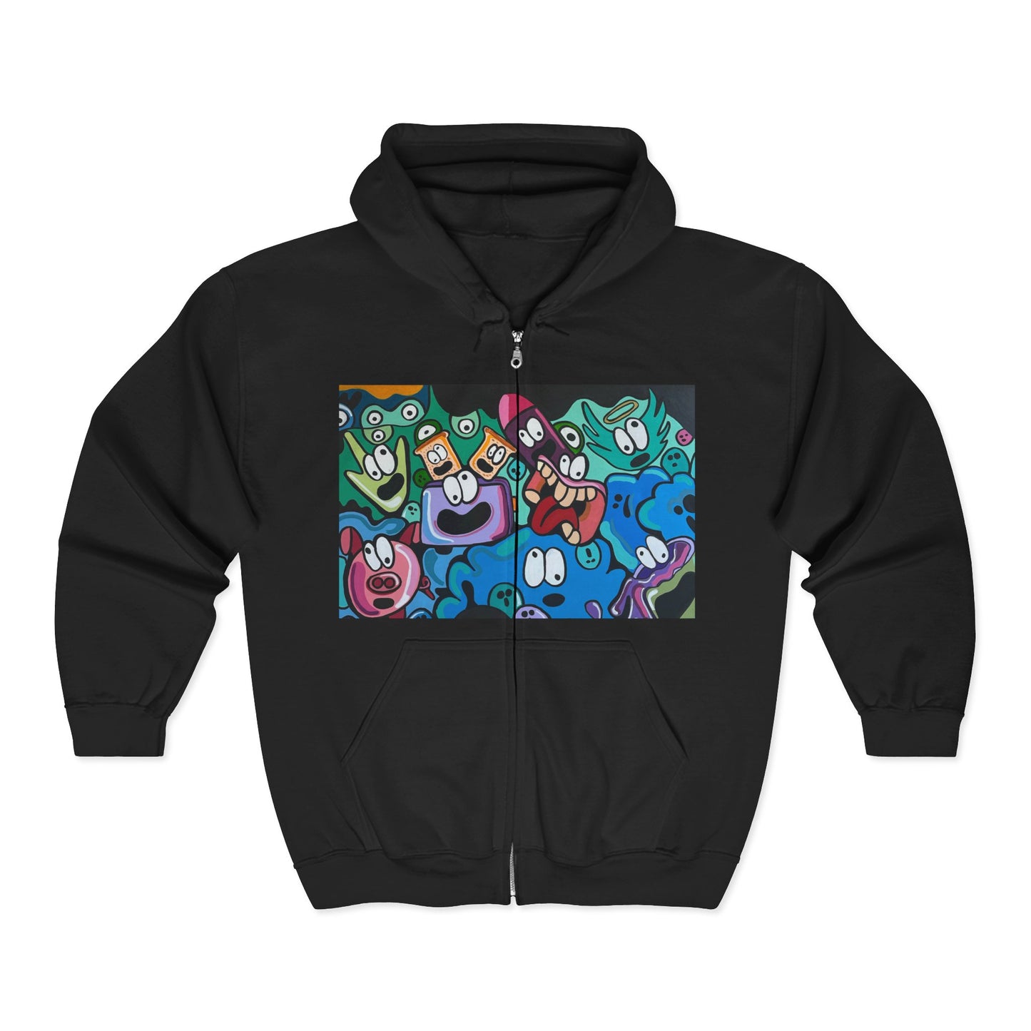 Cartoon Characters Collage Zip Hoodie - Colorful Playful Faces Graphic Sweatshirt