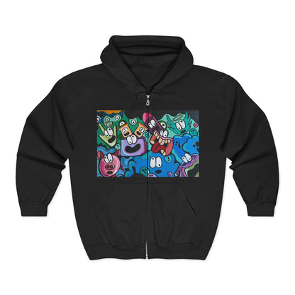 Cartoon Characters Collage Zip Hoodie - Colorful Playful Faces Graphic Sweatshirt